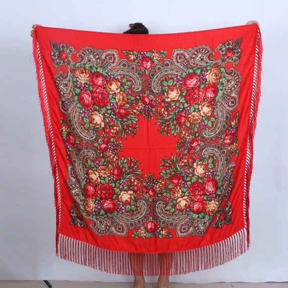 New! Red Fringe Floral Russian Scarf - Picture 2 of 6
